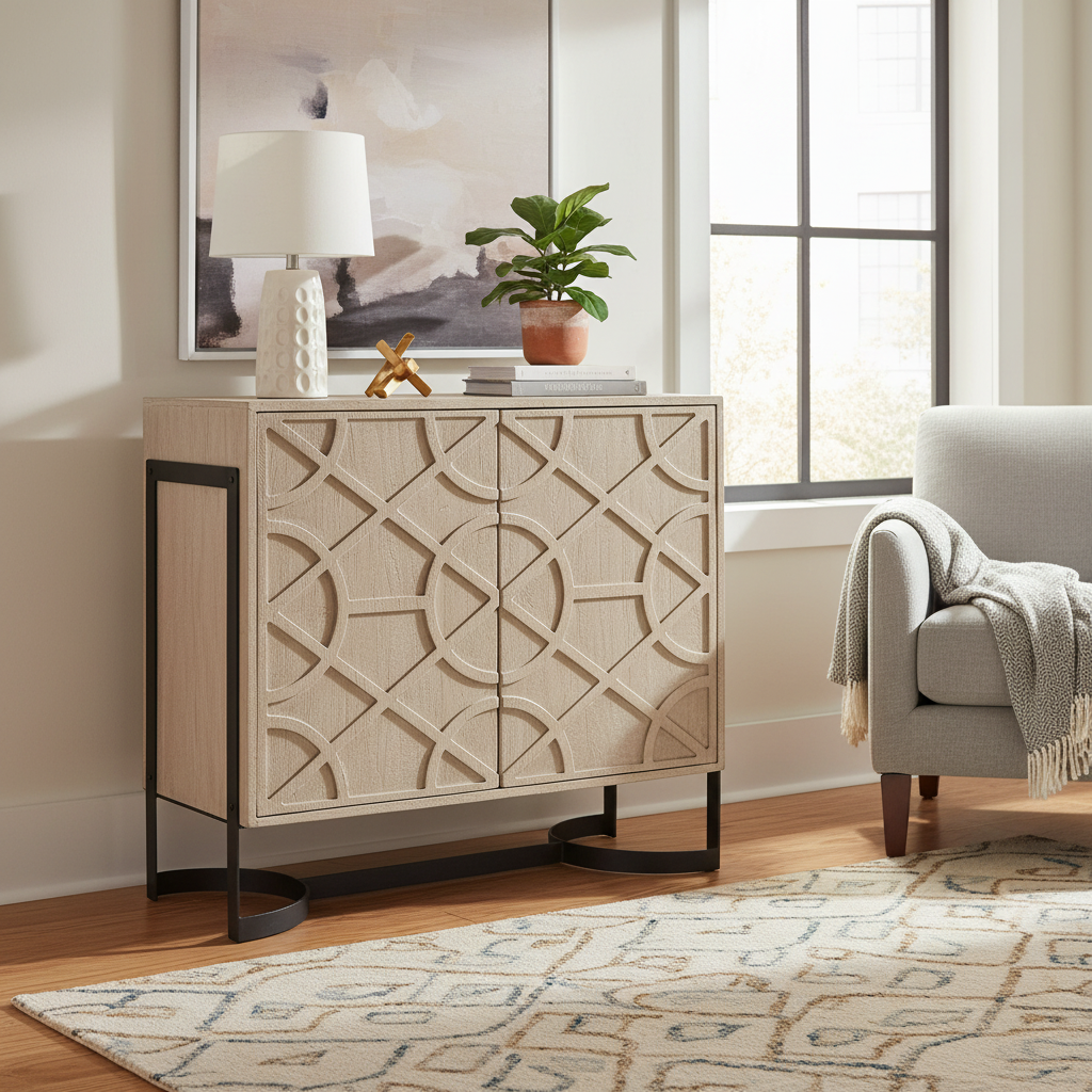 Mango Wood 2-Door Accent Cabinet with Black Metal Frame – Light Brown / Black