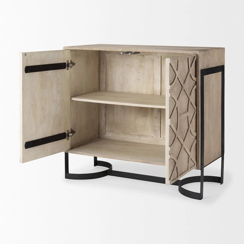 Mango Wood 2-Door Accent Cabinet with Black Metal Frame – Light Brown / Black