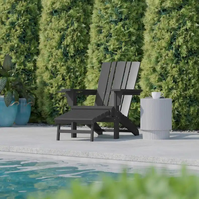 Commercial All-Weather Adirondack Chair with Pullout Ottoman & Cupholder