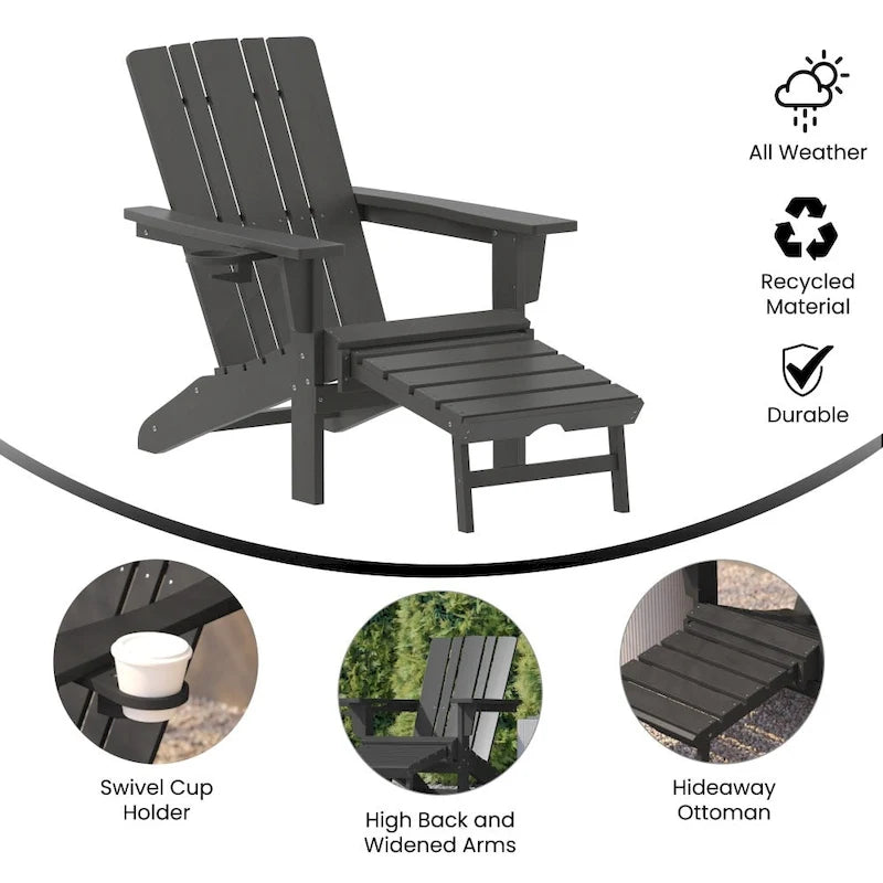 Commercial All-Weather Adirondack Chair with Pullout Ottoman & Cupholder