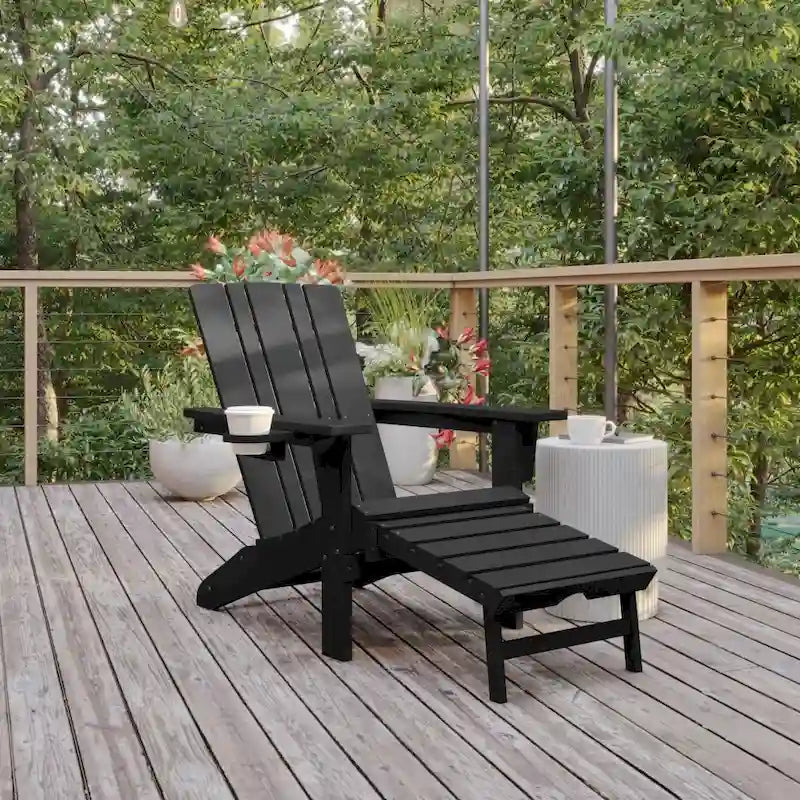 Commercial All-Weather Adirondack Chair with Pullout Ottoman & Cupholder