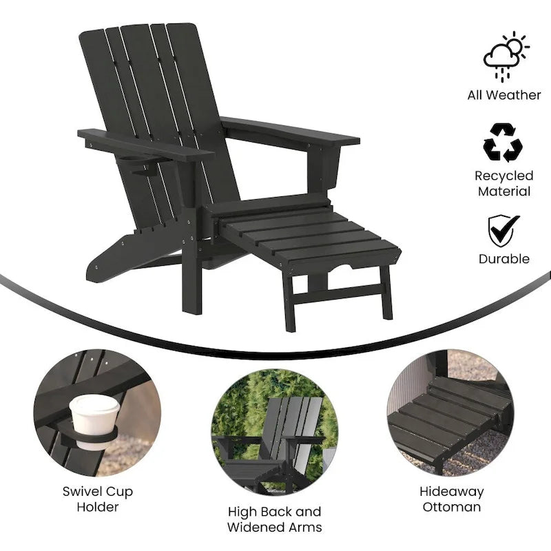 Commercial All-Weather Adirondack Chair with Pullout Ottoman & Cupholder
