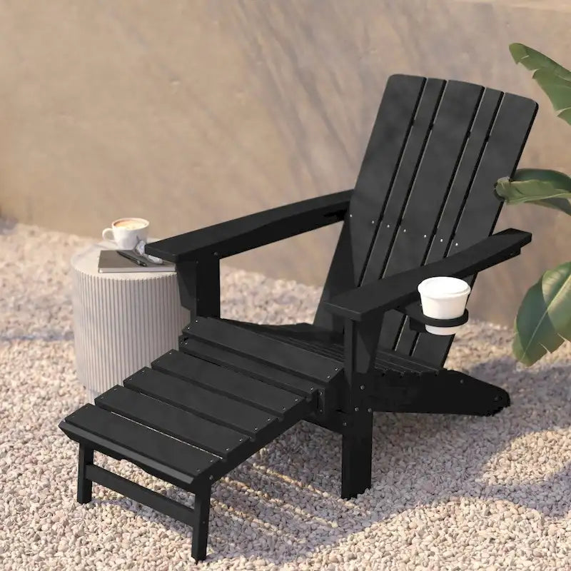 Commercial All-Weather Adirondack Chair with Pullout Ottoman & Cupholder