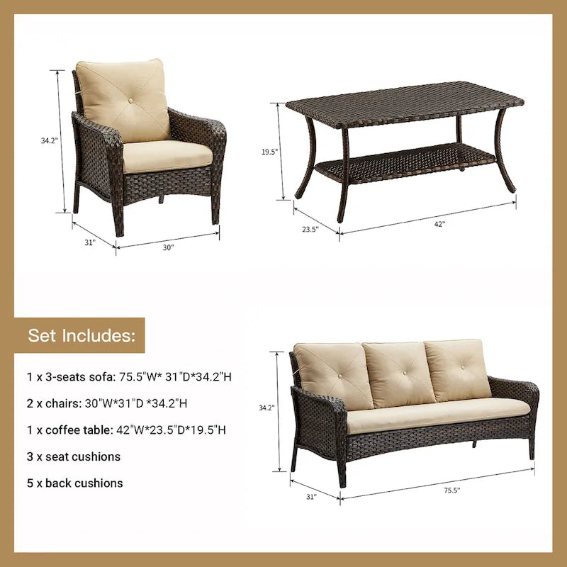 Pocassy 4-Piece Patio Wicker Conversation Sofa Set