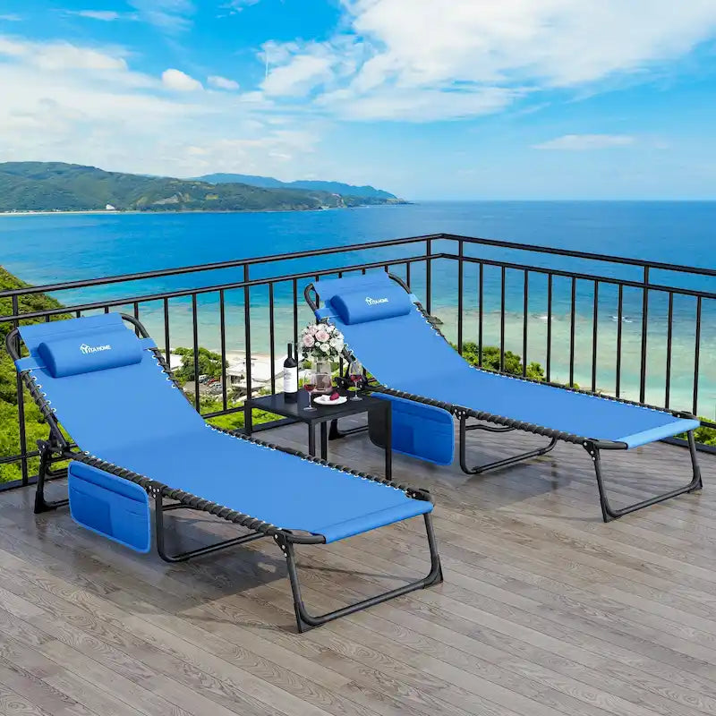 74.8' terrace recliner, portable recliner lounge folding, with headrest and handbag(Set of 2)