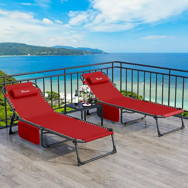 74.8' terrace recliner, portable recliner lounge folding, with headrest and handbag(Set of 2)
