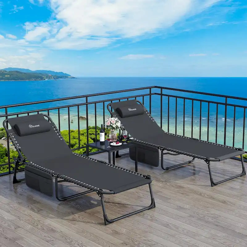74.8' terrace recliner, portable recliner lounge folding, with headrest and handbag(Set of 2)