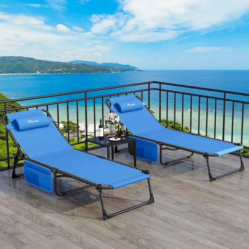 74.8' terrace recliner, portable recliner lounge folding, with headrest and handbag(Set of 2)