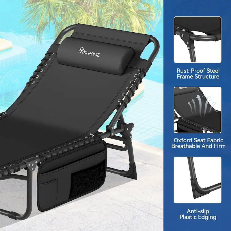 74.8' terrace recliner, portable recliner lounge folding, with headrest and handbag(Set of 2)