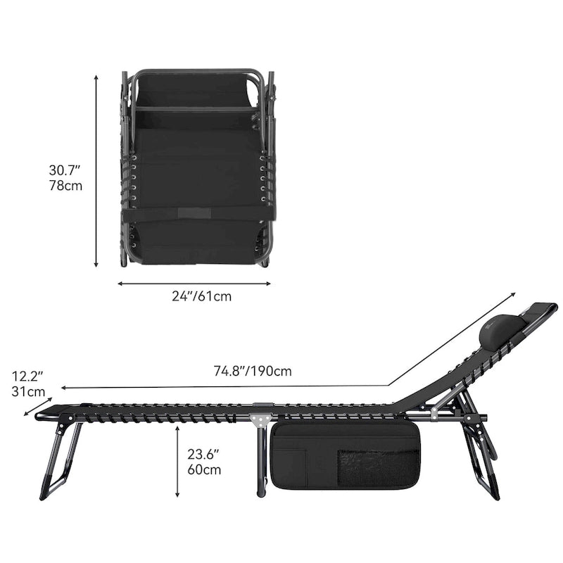 74.8' terrace recliner, portable recliner lounge folding, with headrest and handbag(Set of 2)