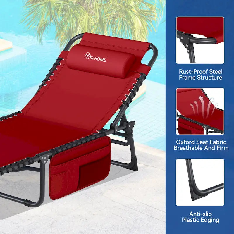 74.8' terrace recliner, portable recliner lounge folding, with headrest and handbag(Set of 2)