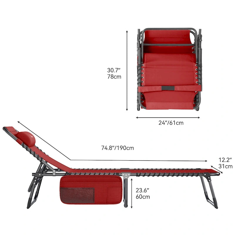 74.8' terrace recliner, portable recliner lounge folding, with headrest and handbag(Set of 2)