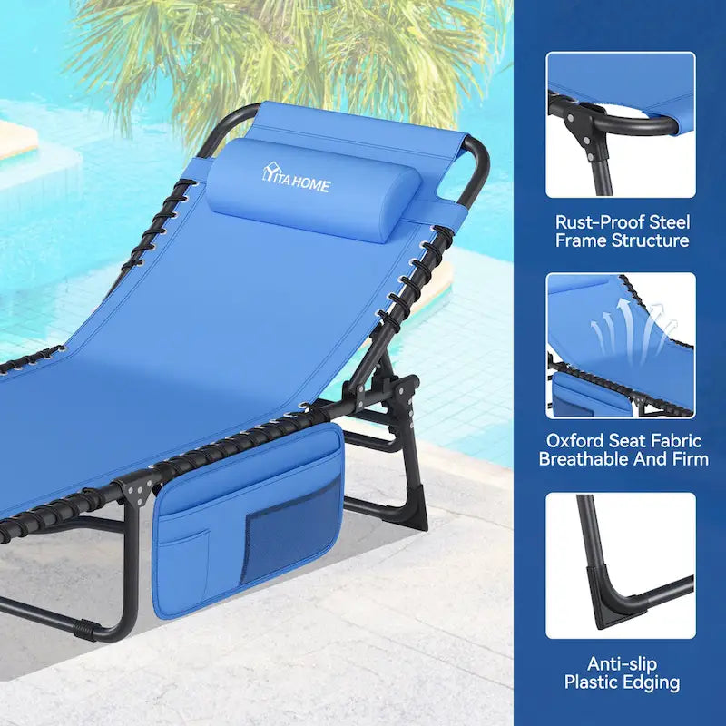 74.8' terrace recliner, portable recliner lounge folding, with headrest and handbag(Set of 2)