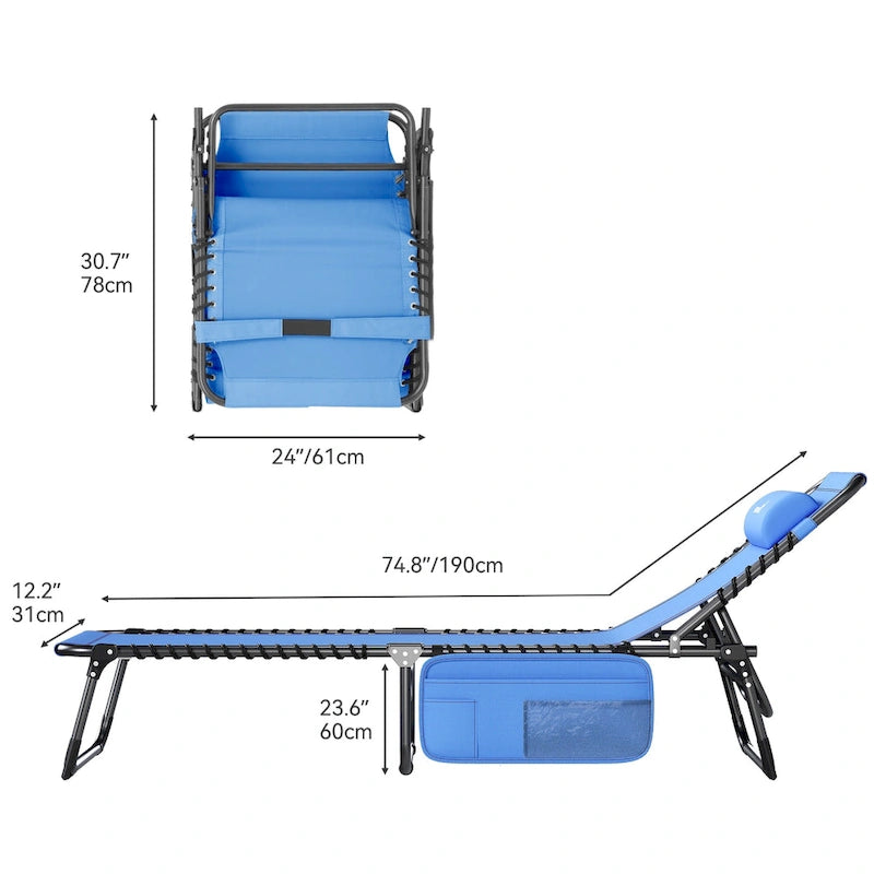 74.8' terrace recliner, portable recliner lounge folding, with headrest and handbag(Set of 2)