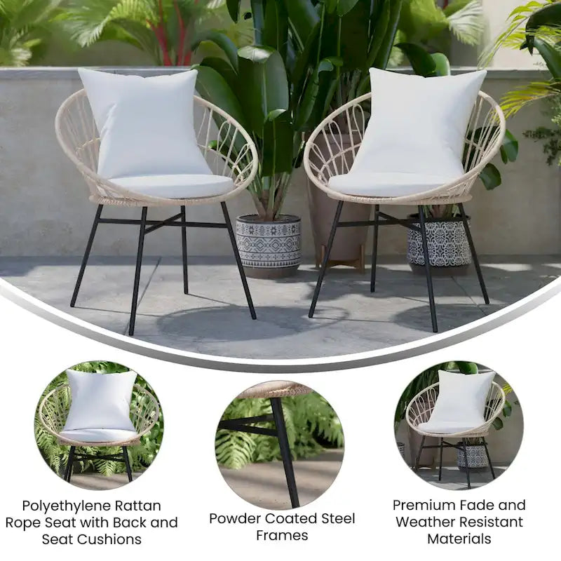 Indoor/Outdoor Boho Rattan Rope Chairs with Back & Seat Cushions