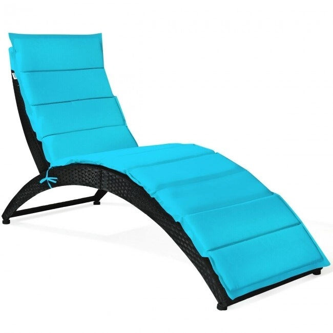 Folding Patio Rattan Portable Lounge Chair Chaise with Cushion - 64  x 25  x 37  (L x W x H)