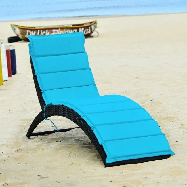 Folding Patio Rattan Portable Lounge Chair Chaise with Cushion - 64  x 25  x 37  (L x W x H)