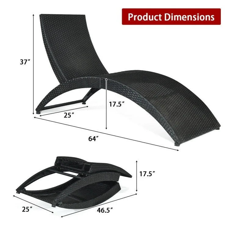 Folding Patio Rattan Portable Lounge Chair Chaise with Cushion - 64  x 25  x 37  (L x W x H)