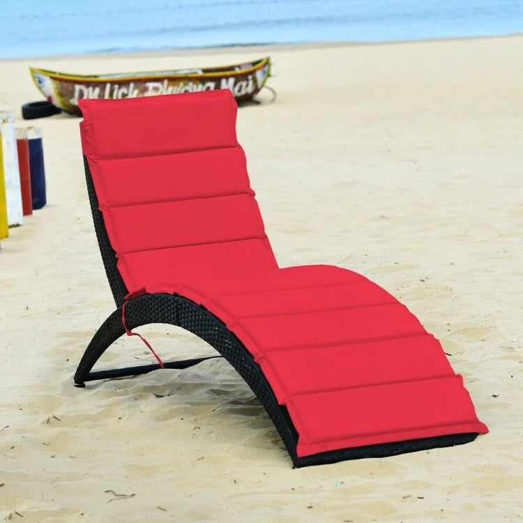 Folding Patio Rattan Portable Lounge Chair Chaise with Cushion - 64  x 25  x 37  (L x W x H)