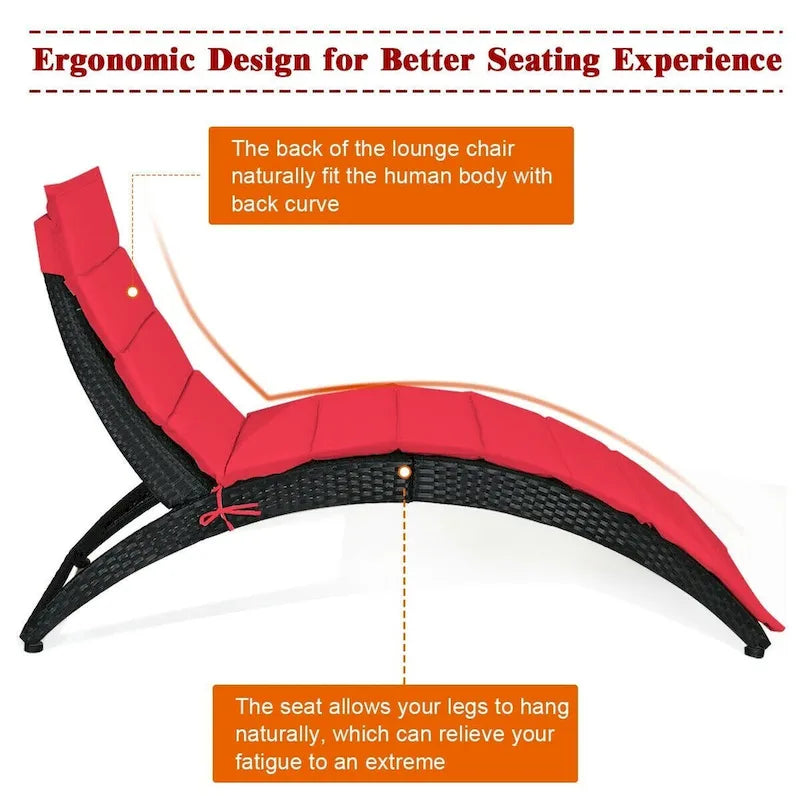 Folding Patio Rattan Portable Lounge Chair Chaise with Cushion - 64  x 25  x 37  (L x W x H)