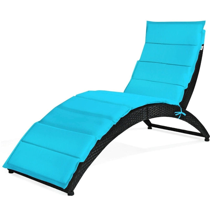Folding Patio Rattan Portable Lounge Chair Chaise with Cushion - 64  x 25  x 37  (L x W x H)