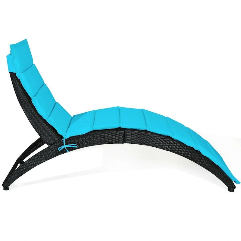 Folding Patio Rattan Portable Lounge Chair Chaise with Cushion - 64  x 25  x 37  (L x W x H)