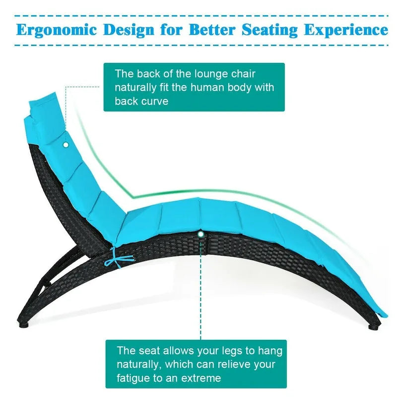 Folding Patio Rattan Portable Lounge Chair Chaise with Cushion - 64  x 25  x 37  (L x W x H)