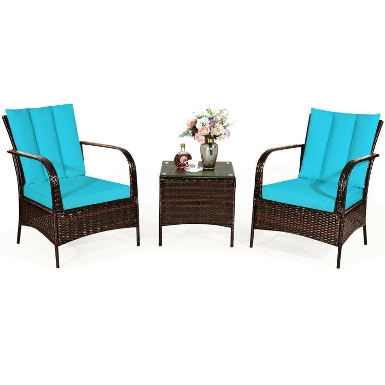 3 Pieces Patio Rattan Conversation Set with Glass Top Coffee Table and Cushions