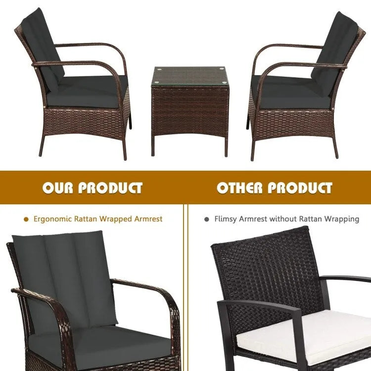 3 Pieces Patio Rattan Conversation Set with Glass Top Coffee Table and Cushions