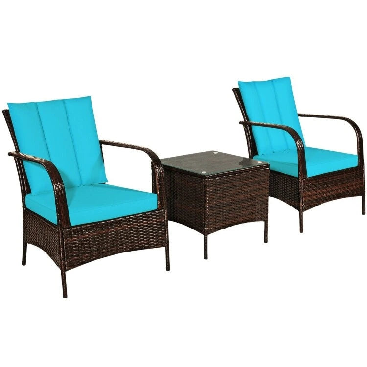 3 Pieces Patio Rattan Conversation Set with Glass Top Coffee Table and Cushions