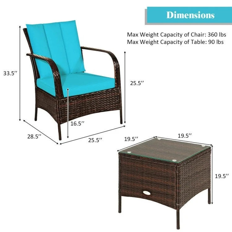 3 Pieces Patio Rattan Conversation Set with Glass Top Coffee Table and Cushions