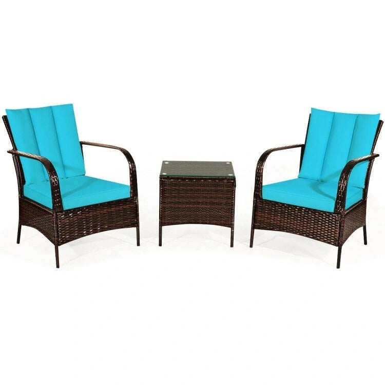 3 Pieces Patio Rattan Conversation Set with Glass Top Coffee Table and Cushions