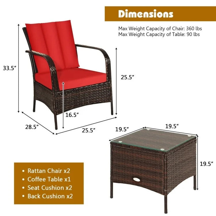 3 Pieces Patio Rattan Conversation Set with Glass Top Coffee Table and Cushions