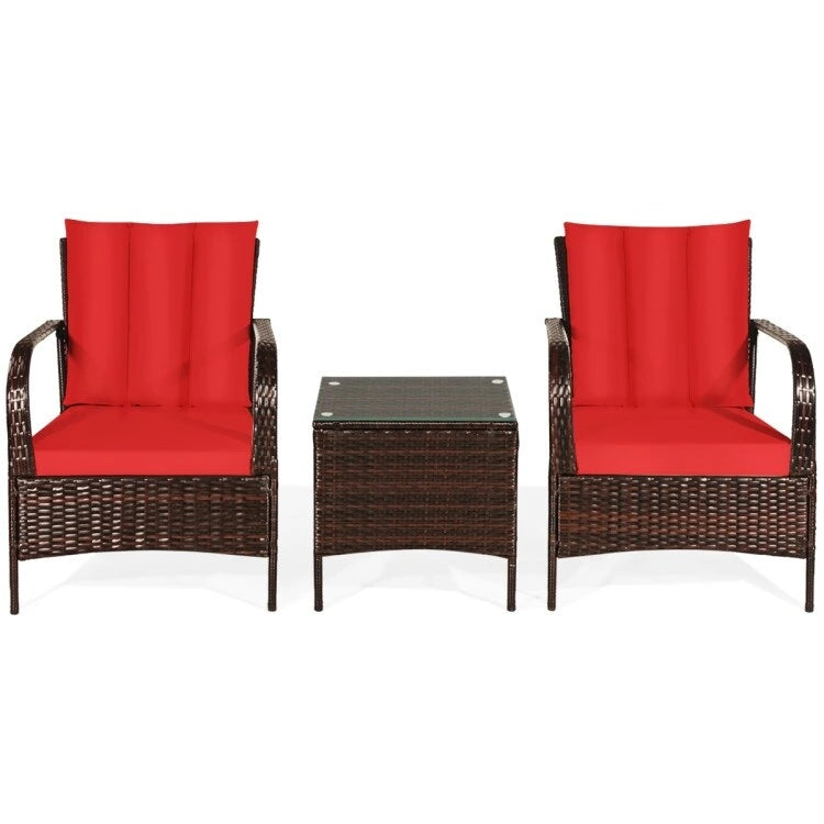 3 Pieces Patio Rattan Conversation Set with Glass Top Coffee Table and Cushions