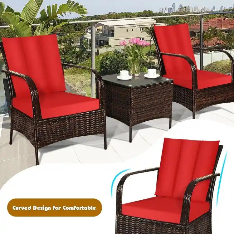 3 Pieces Patio Rattan Conversation Set with Glass Top Coffee Table and Cushions