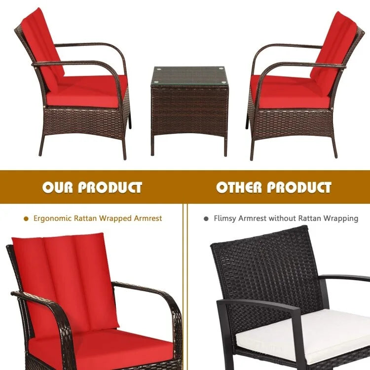 3 Pieces Patio Rattan Conversation Set with Glass Top Coffee Table and Cushions