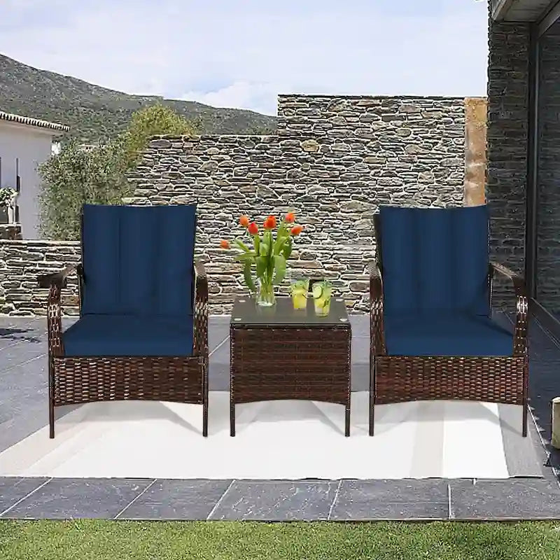 3 Pieces Patio Rattan Conversation Set with Glass Top Coffee Table and Cushions