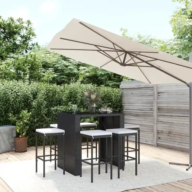 vidaXL 5 Piece Patio Bar Set with Cushions Black Poly Rattan - 15  x 15  x 29.9
