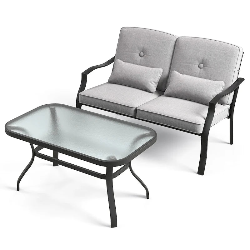 Outdoor Loveseat Chair Set with Tempered Glass Coffee Table - 48  x 30  x 29 