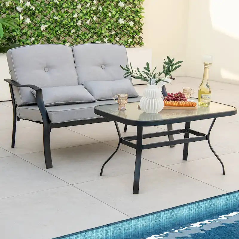 Outdoor Loveseat Chair Set with Tempered Glass Coffee Table - 48  x 30  x 29