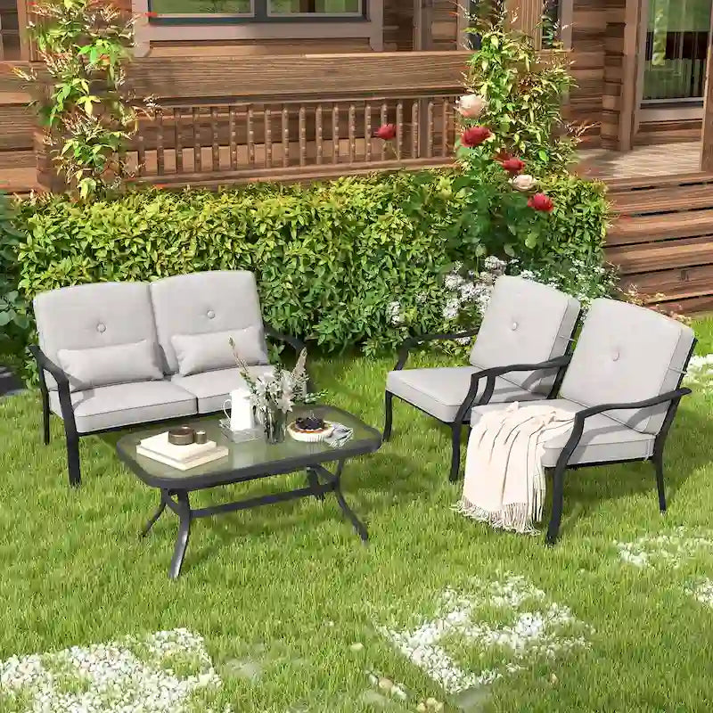 Outdoor Loveseat Chair Set with Tempered Glass Coffee Table - 48  x 30  x 29