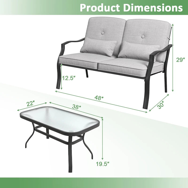 Outdoor Loveseat Chair Set with Tempered Glass Coffee Table - 48  x 30  x 29
