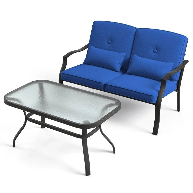 Outdoor Loveseat Chair Set with Tempered Glass Coffee Table - 48  x 30  x 29