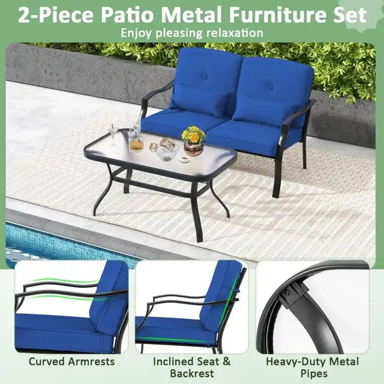 Outdoor Loveseat Chair Set with Tempered Glass Coffee Table - 48  x 30  x 29