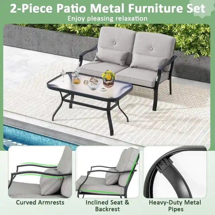 Outdoor Loveseat Chair Set with Tempered Glass Coffee Table - 48  x 30  x 29