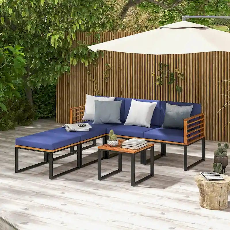 Costway 6pcs Patio Acacia Wood Conversation Sofa Seat Set Ottomans - See Details