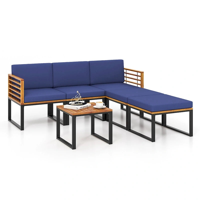 Costway 6pcs Patio Acacia Wood Conversation Sofa Seat Set Ottomans - See Details