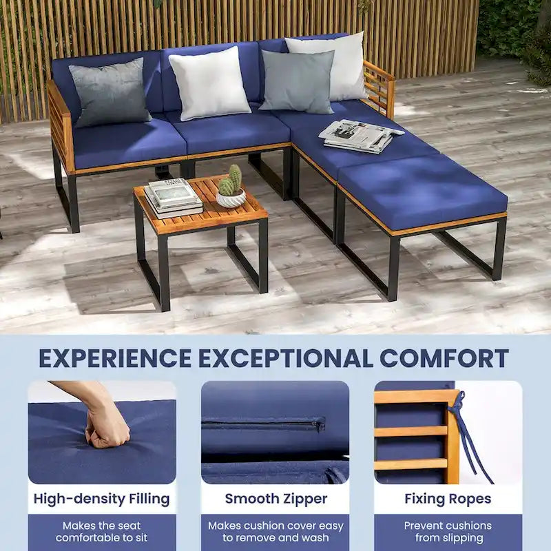 Costway 6pcs Patio Acacia Wood Conversation Sofa Seat Set Ottomans - See Details