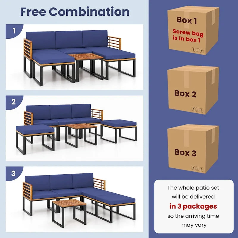 Costway 6pcs Patio Acacia Wood Conversation Sofa Seat Set Ottomans - See Details