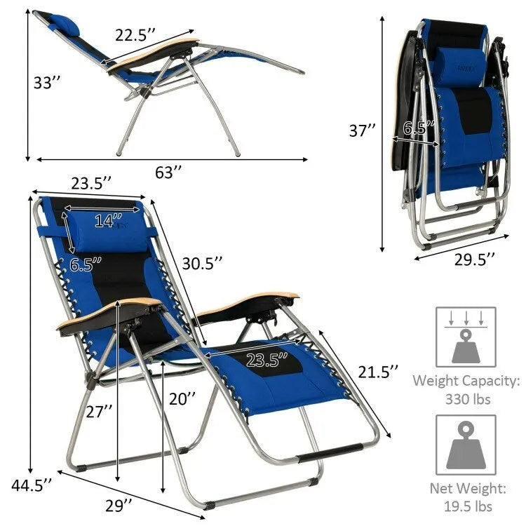 Oversize Folding Adjustable Padded Zero Gravity Lounge Chair - 29.5  x 29  - 63  x 33  - 44.5  (L x W x H)